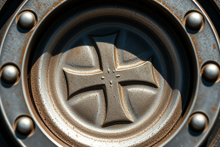 high-resolution close-up of a circular metallic object with a cross pattern, detailed texture, natural lighting, 50mm lens, f/2.8 aperture, ISO 100, shallow depth of field, captured with a DSLR camera