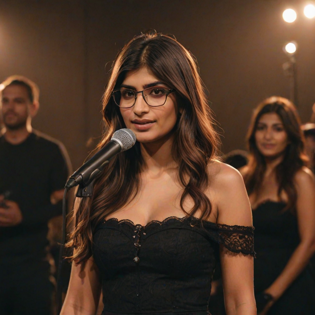 mia khalifa with long, flowing brown hair is standing in the center of the frame, holding a microphone in her right hand, and looking slightly off to the right side of the frame. She is wearing a black, off-the-shoulder dress with delicate lace detailing. The lighting is warm and dramatic, creating a spotlight effect on the singer. There are other figures in the background, blurred and out of focus, suggesting a concert or performance setting. The camera angle is low, capturing the woman from the waist up. The overall atmosphere is intimate and captivating.