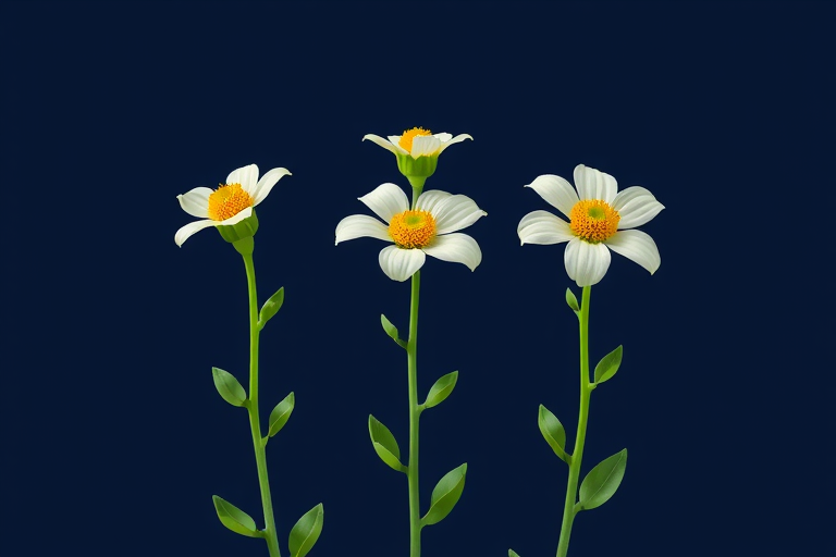 Create a vibrant illustration of three green flower stems with white flowers and yellow centers against a deep navy blue background, using a Canon EOS 5D Mark IV, 50mm lens, f/2.8 aperture, ISO 100, and a soft focus style to enhance image quality.
