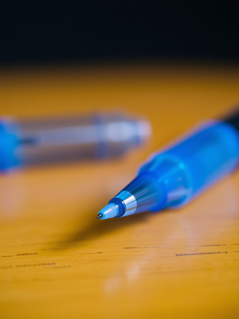 Close-up shot of a transparent blue pen lying on a wooden surface with its cap beside it, f/8, ISO 100, 50mm lens, natural light, DSLR camera, shallow depth of field.
