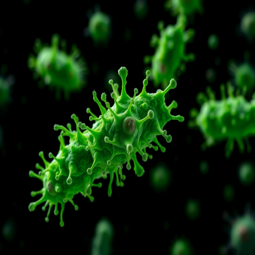 Create a highly detailed, vibrant digital illustration of abstract green bacteria against a black background, using a macro lens effect at f/2.8, 1/125s shutter speed, ISO 100, with soft focus on surrounding elements and enhanced clarity on the bacteria.