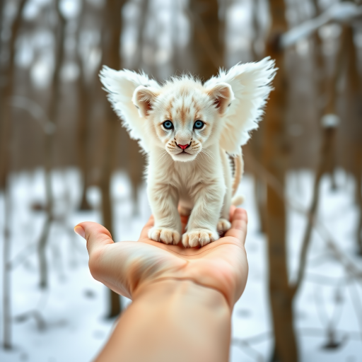 A small, white lion cub with angelic wings standing on a human hand. The cub has a soft, fluffy texture with detailed fur, expressive blue eyes, and a curious expression. The wings are large and feathery, blending seamlessly with its fur, giving an ethereal appearance. The background is a winter forest, with the ground covered in snow and blurred brown trees, creating a serene atmosphere. The human hand in the foreground is positioned palm-up, supporting the lion cub gently, fingers slightly curled. The lighting is soft and diffused, enhancing the tender and magical feel of the scene. Colors are predominantly neutral with white, cream, and soft browns, contrasting with the subtle blue of the lion cub's eyes. The overall composition is balanced, with the cub at the center, creating a focal point that draws the viewer's attention immediately.