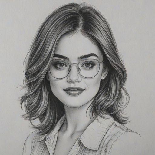 Exquisite Lucy Hale, pencil sketch, portrait of Enchanting woman 1980s in glasses, hair style beatnik, outline, clear lines, fine lines, 8k