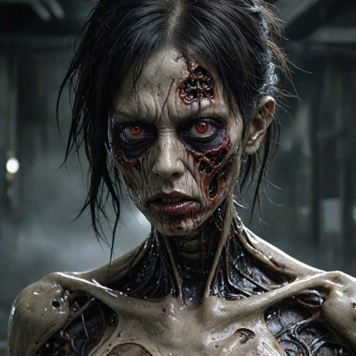 (perspective) of A creepy (ethnicity) zombie cyborg with (descriptive color) skin, (color) lipstick (color) liquid flowing from her eyes and mouth, (perspective two) portrait, (camera angle), extremely detailed, (art style) in the style of Yoshitaka Amano and Tetsuo Hara. --ar 85:128 --style raw --niji 6