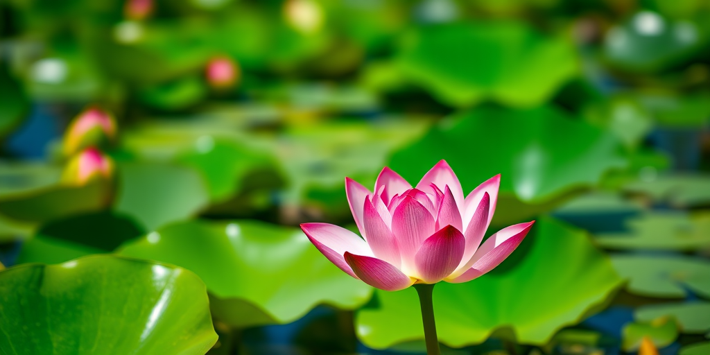 A pink lotus flower amidst green lily pads in a serene pond, captured with a DSLR camera using a 50mm lens, aperture f/2.8, ISO 100, in bright daylight with a shallow depth of field for enhanced focus on the flower and a blurred background.