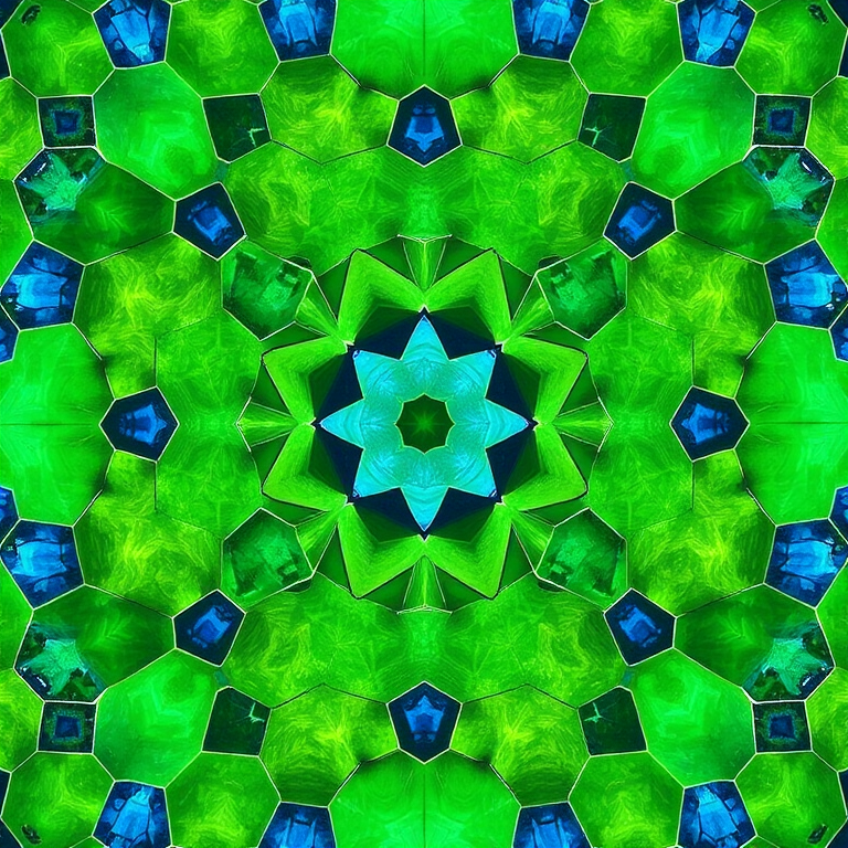 Generate a vibrant hexagonal mosaic pattern with shades of green and blue, taken with a Canon EOS 5D Mark IV, 50mm lens, f/4 aperture, ISO 100, top-down view, high dynamic range.