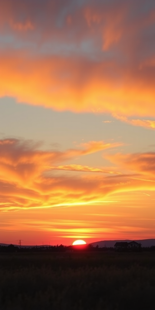 Generate a high-resolution image of a serene landscape at sunset with vibrant colors in the sky, using a Nikon D850 camera, f/8 aperture, ISO 100, 50mm lens, shot in landscape orientation.