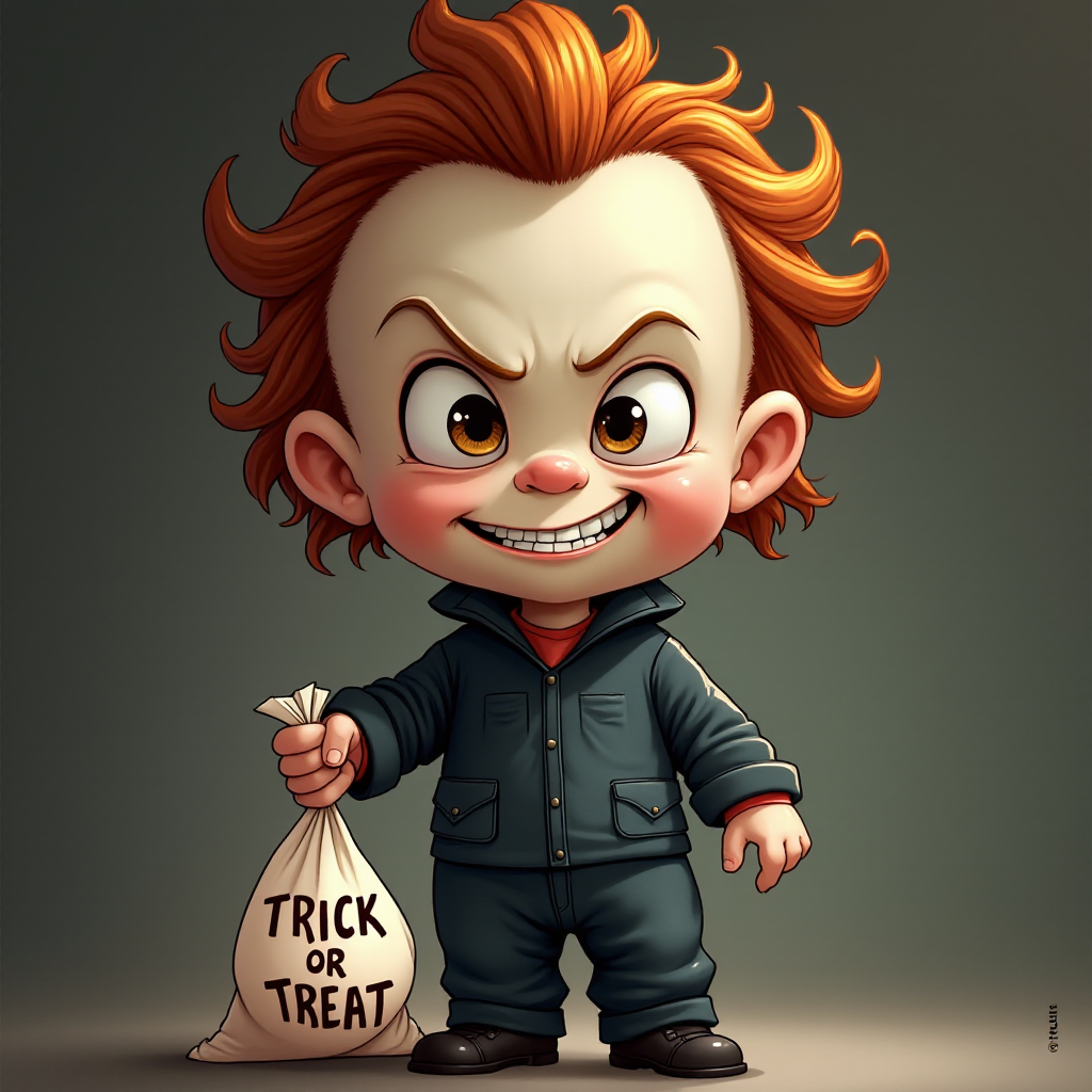 A whimsical caricature of a child version of Michael Myers, grinning mischievously. He is held by the hand of an unrecognizable person (only their hand visible), while holding a bag labeled 'Trick or Treat.' His facial expression is playful yet slightly menacing, reflecting his iconic figure. The scene is in portrait format with a Halloween theme, featuring exaggerated cartoon details like big eyes, a small body, and a creepy yet light-hearted tone.