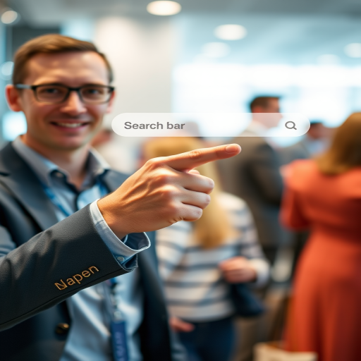 Create an image of a businessman pointing to a search bar interface, with a blurred background of a professional networking event, shot using a Canon EOS R camera, 50mm lens at f/1.8, ISO 200, and a shallow depth of field for enhanced clarity.