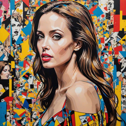 A vibrant artwork blending bohemian style with edgy street art, featuring a young angelina jolie. The design mixes vibrant colors with the modern Disney-inspired style, echoing Roy Lichtenstein's pop art. The overall mood is optimistic and trendy, with elements of Johannes Vermeer’s classic elegance, combined with the geometric abstraction of crystal cubism. add Stockholm shilluette