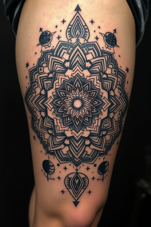 Surrealist blackwork tattoo called "Dreamweaver's Vision" featuring intricate mandala patterns morphing into cosmic imagery with stars and planets, creating a mesmerizing optical illusion on the thigh