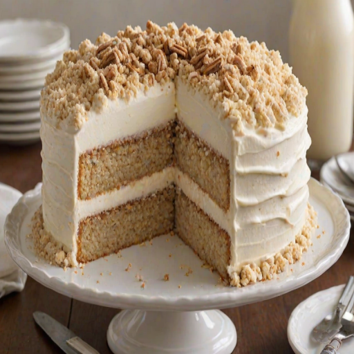 Create an image of a layered cake with a creamy white frosting and a crumb topping. The cake should have several visible layers, each filled with a light and fluffy cream. A slice of the cake is being served, revealing the texture and layers inside. The background should be a simple, elegant setting that complements the cake.