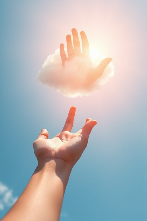 Create a high-resolution digital illustration of a hand reaching up towards a cloud shaped like another hand, captured in bright daylight with a shallow depth of field, using a 50mm lens at f/2.8, in a vibrant color palette, emphasizing a sense of connection and serenity.