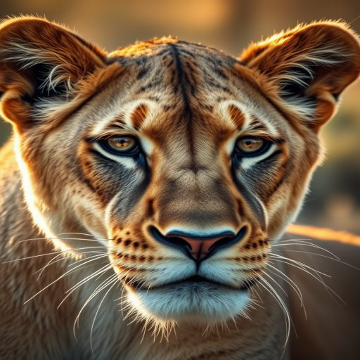 Capture a close-up portrait of a lioness in soft, warm natural light, using a Canon EOS R5 with a 85mm f/1.2 lens, aperture set to f/1.2, ISO 100, shutter speed 1/200s, shallow depth of field for a blurred background.