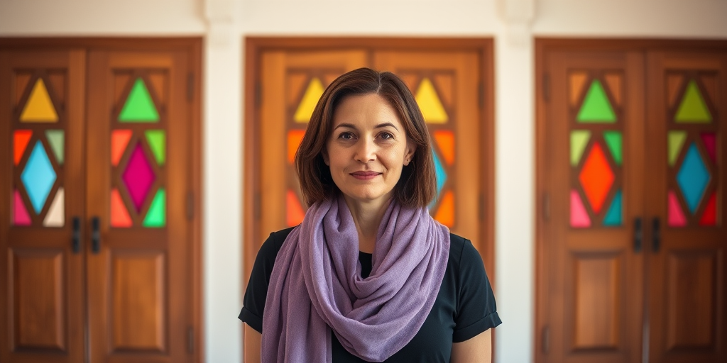 Capture a portrait of a woman in a black dress with a purple scarf, standing in a well-lit room with wooden doors featuring colorful diamond-shaped windows, use a Canon EOS R5, 50mm lens, f/1.8, ISO 100, natural light, soft focus, and warm tones.