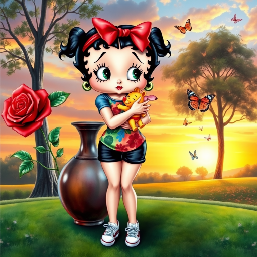 Luxury 3D HD realistic watercolor oil painting. Betty Boop with black hair in two messy buns. Red headband with big bow. He wears black shorts with a colorful t-shirt. White sneakers. She is standing hugging winnie the pooth next to a large vase with a tall red rose, There are trees and butterflies flying. The land with a beautiful lawn. Full body. Background of a sunset