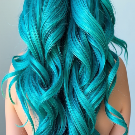 Vibrant teal mermaid waves cascading down to the waist, Oceana's hair shimmers with iridescent highlights and playful curls, creating a mesmerizing aquatic-inspired look that captures the essence of the sea