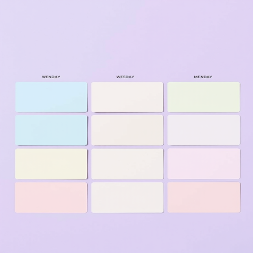 Create a vibrant weekly planner layout on a pastel purple background with labeled sections for each day of the week using light blue, beige, green, pink, and pastel colors for boxes, include clear labels, high resolution, shot with a DSLR camera at f/2.8 aperture, 50mm lens, in natural light.