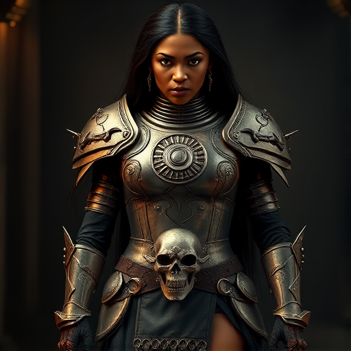 Create a photo of a fierce Hausa female warrior with long black hair, wearing an ornate, metallic armor. The armor includes a breastplate with intricate designs, shoulder guards, and gauntlets. The breastplate is decorated with a central emblem, possibly representing a mythical symbol, and has a sculpted, form-fitting design. She wears a belt with a large skull ornament at the center, and her armor extends into a partial skirt, revealing one leg. The overall look is both protective and stylish, with a dark, gothic aesthetic. The background is dimly lit, suggesting a medieval or fantasy setting, enhancing the warrior's imposing presence and intense expression.