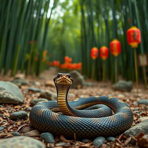 Create an image of a snake coiled in a serene bamboo forest setting with stone formations and lanterns, using a Canon EOS R5, 50mm lens, f/1.8 aperture, ISO 100, 1/200 sec shutter speed, at a low angle for enhanced depth of field and vibrant colors.