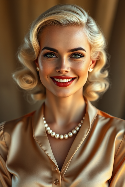 A beautiful Zulu woman reminiscent of 1950s Hollywood glamour, with perfectly styled blonde hair and a seductive smile, dressed in a satin blouse and adorned with pearls, soft and warm tones, photorealistic, 8K