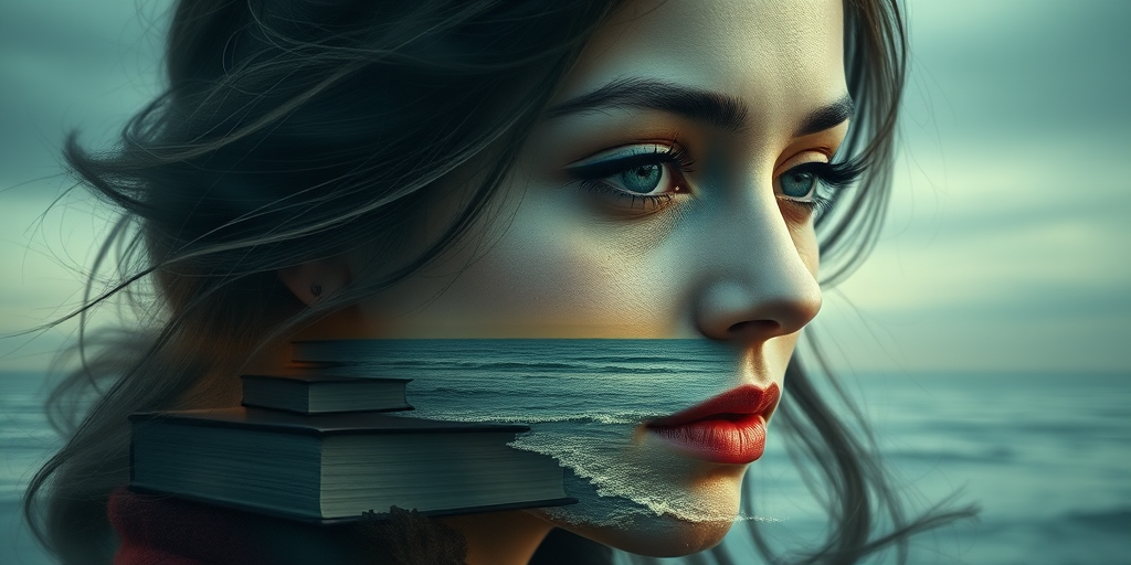 imagine Book cover, A surreal double exposure portrait that blends a woman's face with a beautiful seascape. The overall mood is dreamy and mystical, with rich colors and intricate details