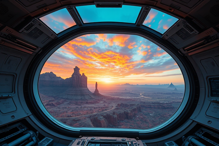 A futuristic spacecraft interior with a large panoramic window showcasing a breathtaking alien landscape, featuring rocky formations and distant mountains under a vibrant sky, captured with a Canon EOS R5 at f/2.8, ISO 100, 24mm lens, wide-angle view, high dynamic range for enhanced details and colors.