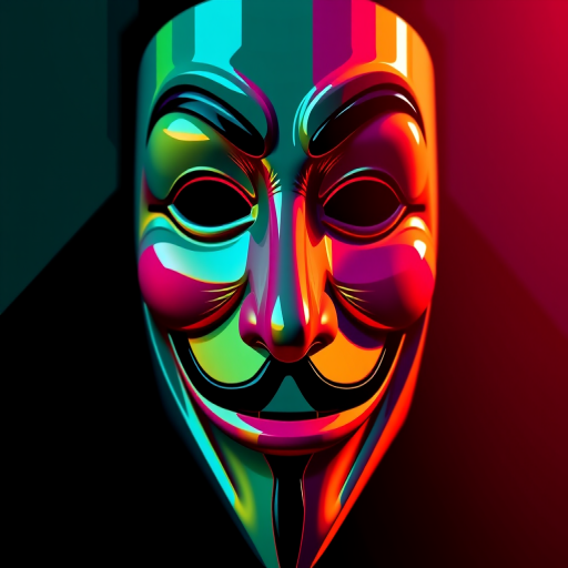 Create a high-resolution digital illustration of a Guy Fawkes mask with a colorful pixelated effect, using a Canon EOS R5 camera, 50mm lens, f/1.8 aperture, ISO 100, shot in natural light, with a focus on vibrant colors and intricate details.