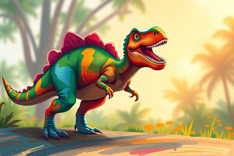 create a vibrant digital illustration of a dinosaur in a dynamic pose, using a Canon EOS 5D Mark IV with a 50mm f/1.8 lens, at f/4, ISO 100, and a slight vignette effect for depth, emphasizing bright colors and smooth brush strokes with a soft focus background