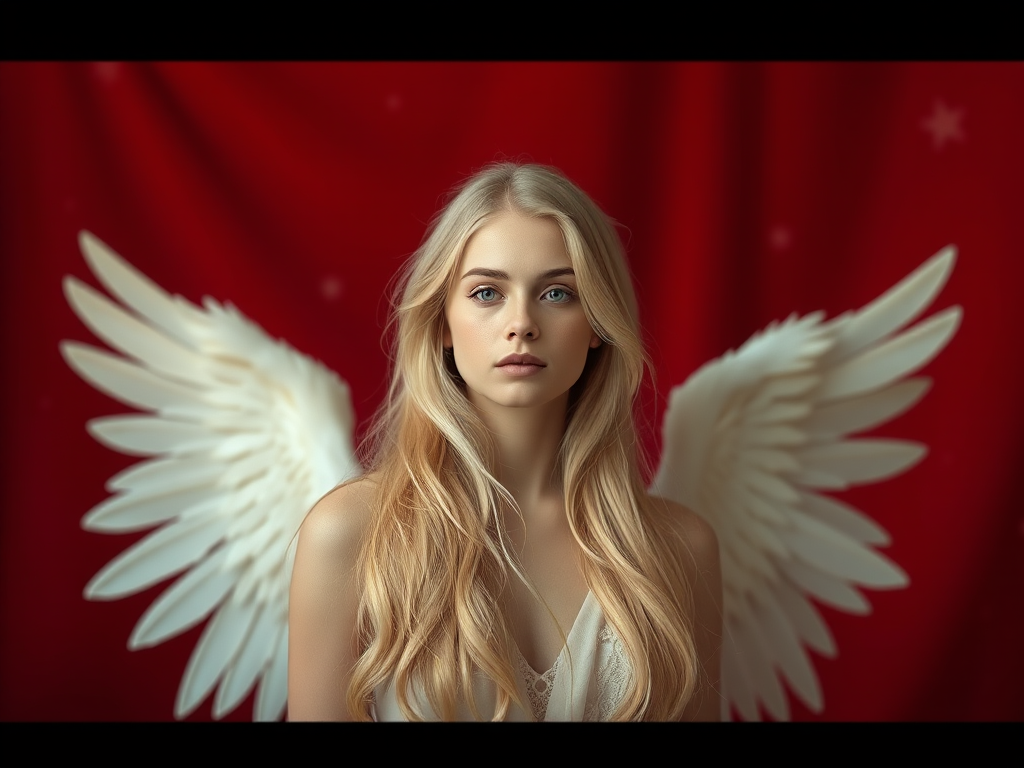 Create an ethereal portrait of a serene angelic figure with long flowing blonde hair and large white wings, surrounded by a radiant red background with subtle snowflakes, captured with a Canon EOS R5 at f/1.4, ISO 100, 50mm lens, with soft natural lighting and a shallow depth of field for enhanced focus on the subject.
