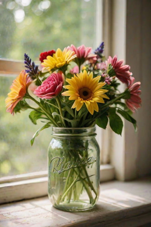 Close-up of a colorful bouquet of flowers in a mason jar, soft light streaming in from a nearby window, highlighting the vibrant petals and lush greenery.
