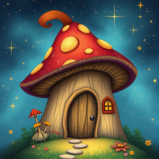 imagine illustration of a mushroom house with a door and a window, a storybook , fantasy art, mushroom house, bg starry sky, sparkles