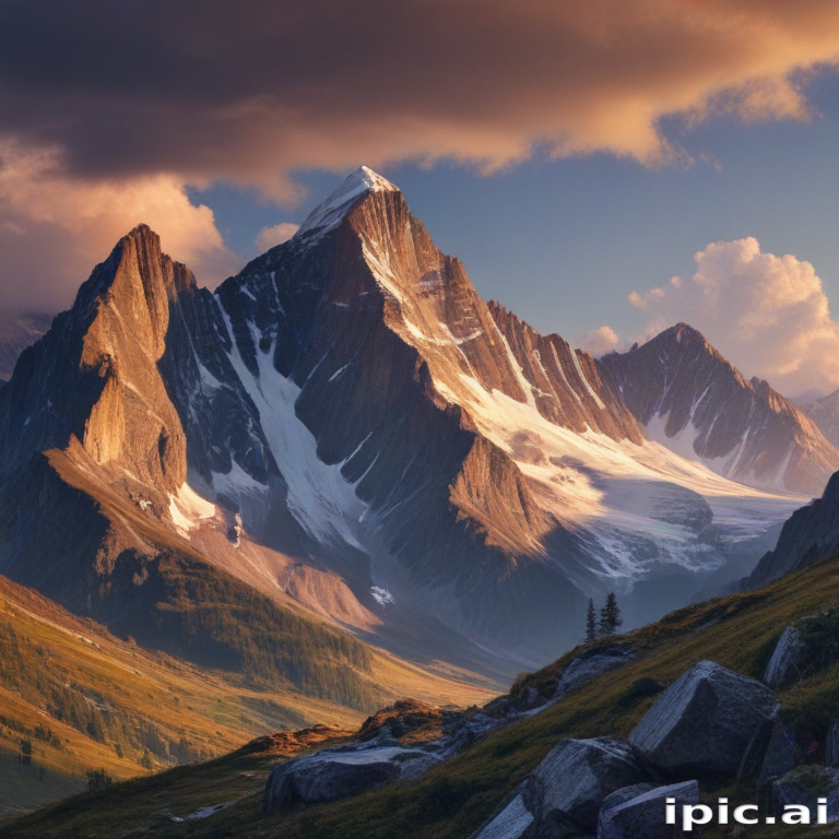 Majestic Mountain Peak Bathed in Golden Sunset Light with Dramatic Clouds