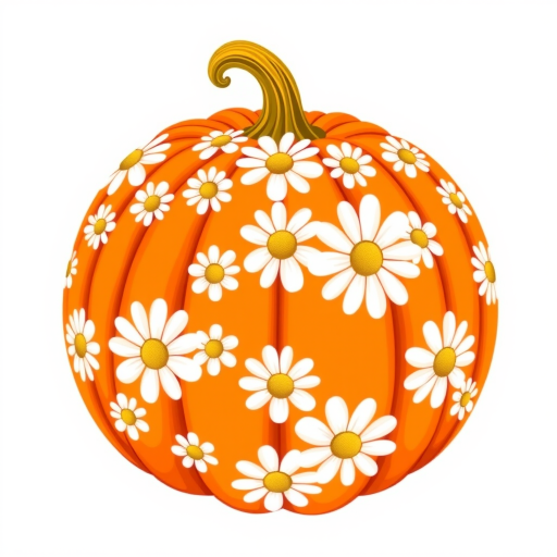 a whimsical orange pumpkin with white daises pattern covering the pumpkin. Solid white background sublimation vector 3000dpi 32k