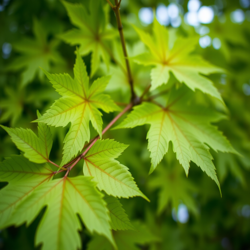Capture a close-up view of vibrant green maple leaves with a shallow depth of field, using a DSLR camera at f/2.8 aperture, ISO 100, 50mm lens, in soft natural light.
