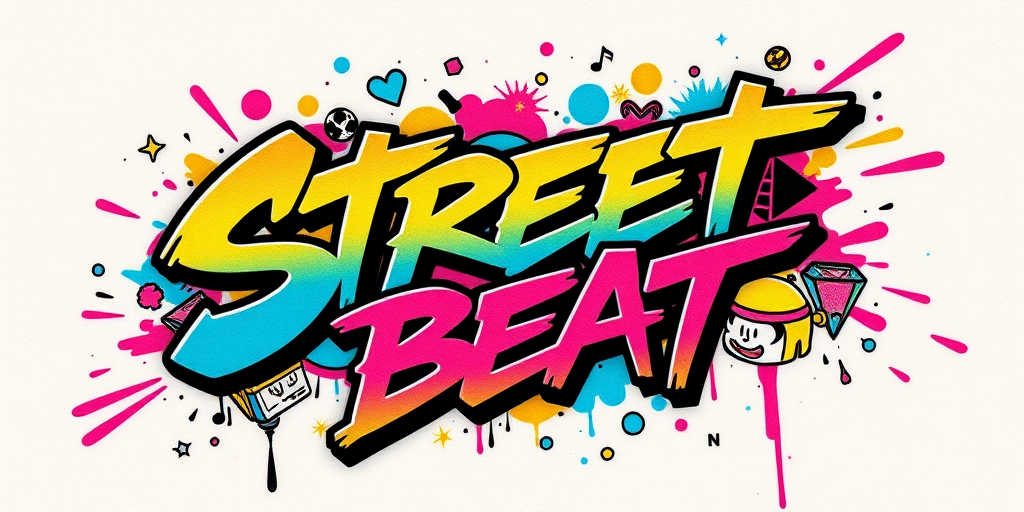 Graffiti style tattoo named "Street Beat" featuring bold dynamic lettering and cartoon characters in bright neon colors with a spray paint effect for an urban street art inspired look
