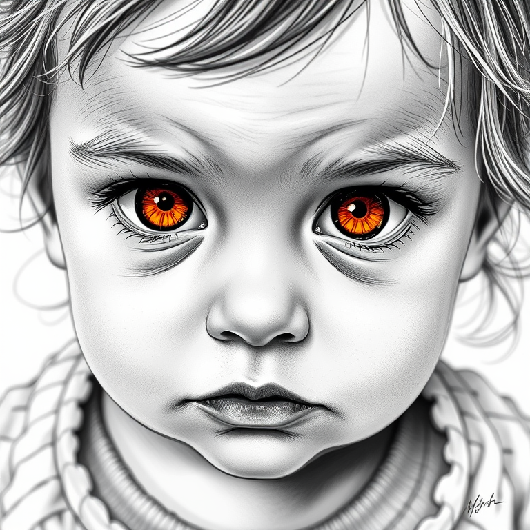 A hyperdetailed photorealistic black and white sketch of a beautiful toddler with deep orange eyes, with a macro focus