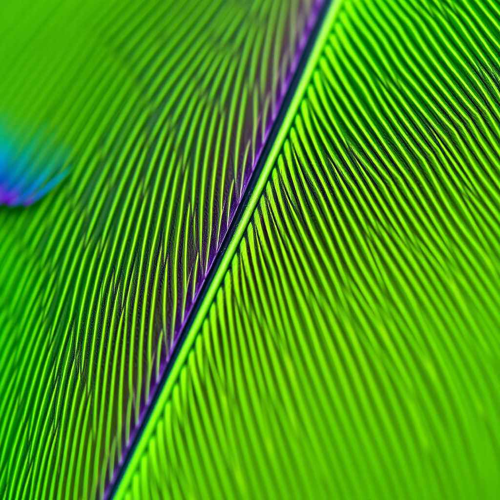 Regenerate a vibrant green feather with a purple tip, using a macro lens, aperture f/2.8, shutter speed 1/250, ISO 100, side lighting for soft shadows, shot from a slightly elevated angle with a DSLR camera.