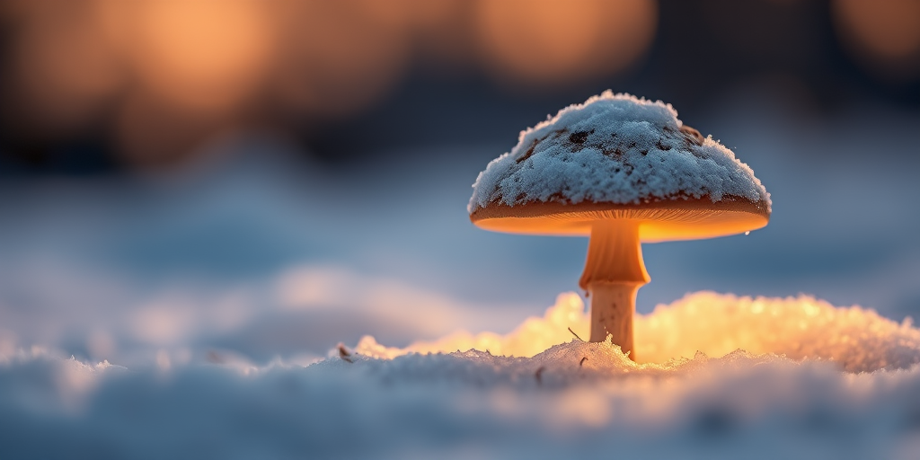 mushroom in snow illuminated from behind at dusk, shallow depth of field, macro lens, f/2.8, ISO 400, 1/100 sec, soft focus background, natural light, DSLR camera