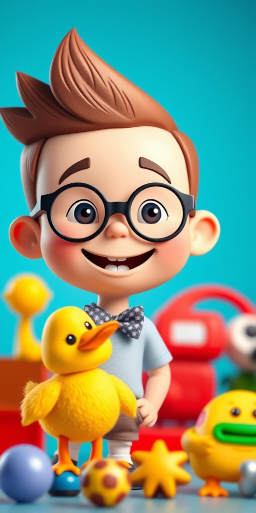 Create a colorful 3D cartoon scene featuring a cheerful boy with spiky hair wearing glasses and a bow tie, standing next to a cute yellow duck character, both smiling and surrounded by playful toys in a bright blue background; use a Canon EOS R5 camera, 50mm lens, f/2.8 aperture, 1/125s shutter speed, and ISO 100 for high detail and vibrant colors.