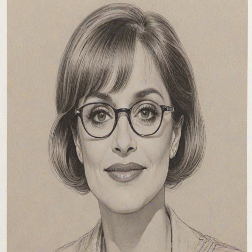Charming Patti LuPone, pencil sketch, portrait of Appealing woman 1960s in glasses, hair style beatnik, outline, clear lines, fine lines, 8k