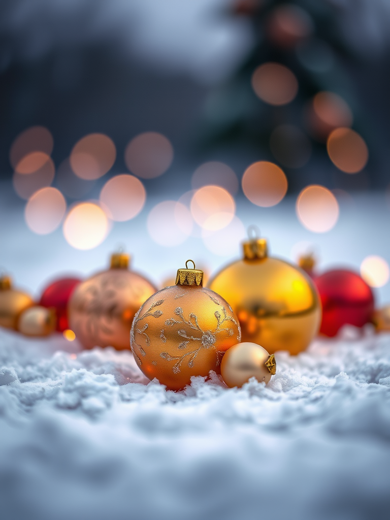Christmas ornaments in golden hues on a snowy surface with a warm bokeh background, captured with a DSLR camera, 50mm lens, f/2.8 aperture, ISO 100, 1/200s shutter speed, soft focus style.