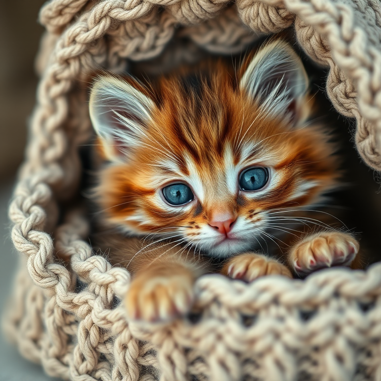 Capture a close-up shot of a fluffy brown kitten with big blue eyes resting in a cozy knitted basket, using a DSLR camera with a 50mm lens, aperture set to f/1.8, ISO 200, and natural soft lighting for enhanced image quality.