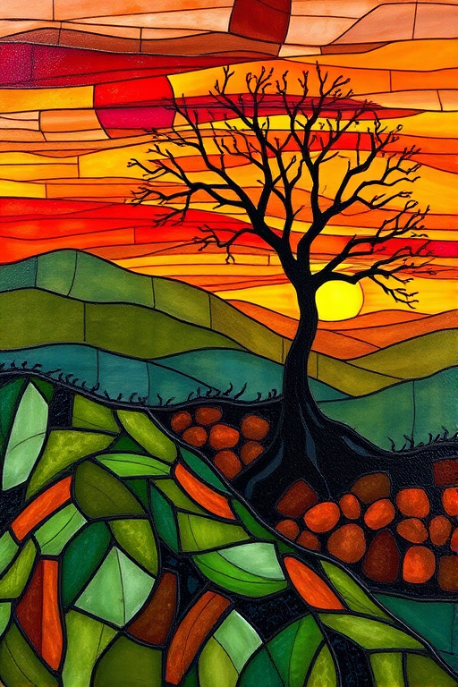 A vibrant abstract painting on Tiffany Glass, blending acrylic and alcohol ink techniques, captures a dramatic sunset over rolling hills. The artwork features a textured, rocky foreground in green and brown, layered abstract hills, and a striking sunset in rich oranges, yellows, and reds. A solitary black tree with intricate branches contrasts against the fiery sky, creating a dynamic and expressive portrayal of a breathtaking natural scene.
