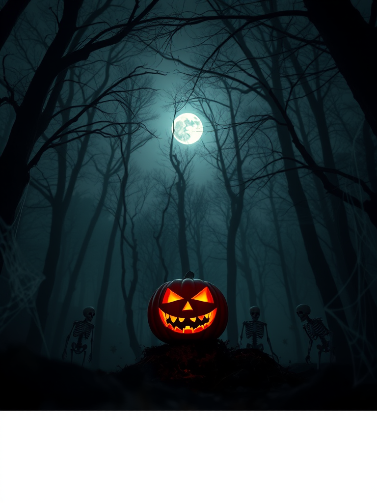 Haunting Halloween scene with a glowing jack-o'-lantern in a misty forest, skeletons wandering among cobwebs, full moon casting an eerie light, captured with a Canon EOS R5, 50mm lens, f/1.8, ISO 100, 1/50s shutter speed, low-angle view, soft-focus style, emphasizing depth and atmosphere.