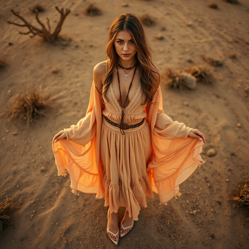 Desert setting, bohemian model, flowy dresses, earthy tones, rustic sunset effect,  equipped with a 12mm lens to capture an overhead view of the model, emphasizing symmetry and spatial positioning