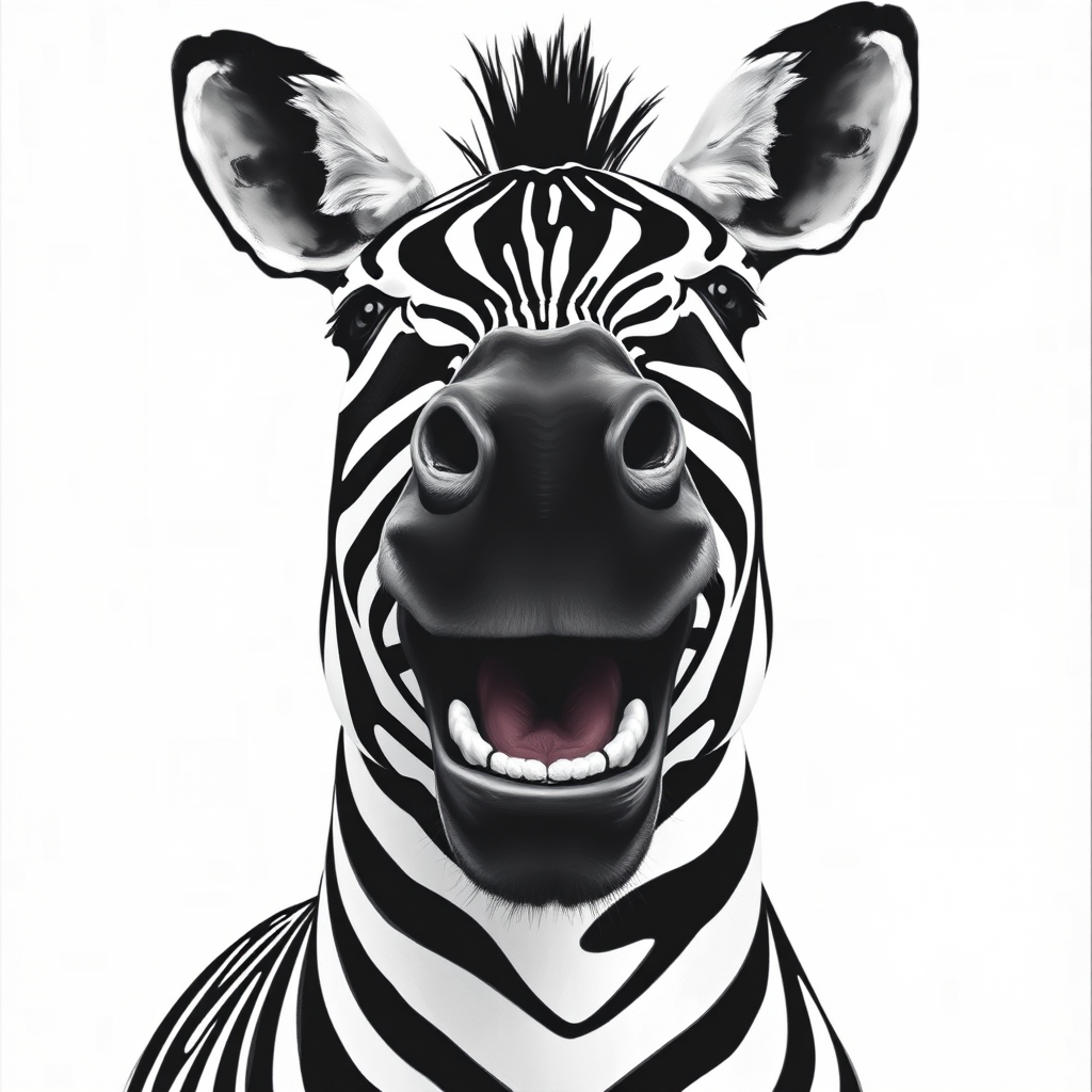 Abstract black and white acrylic portrait of an over exaggerated laughing (zebra). Minimalism style. White background.