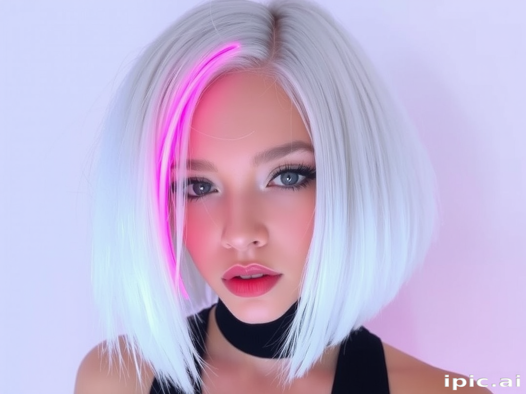 Sleek platinum blonde bob with razor-sharp edges and a single streak of neon pink, exuding futuristic chic and cyberpunk vibes, aptly called Electric Ice