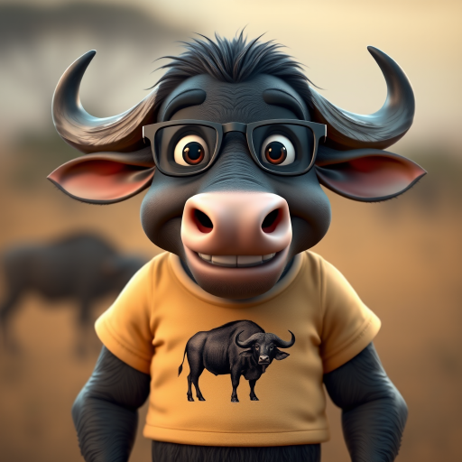 Hyperrealistic 3D render of a smiling cartoon Cape Buffalo wearing glasses and a beige t-shirt with a smaller buffalo image printed on it, missing some teeth, set against a blurred African savanna background, detailed fur, 8k resolution, octane render, artstation trending.