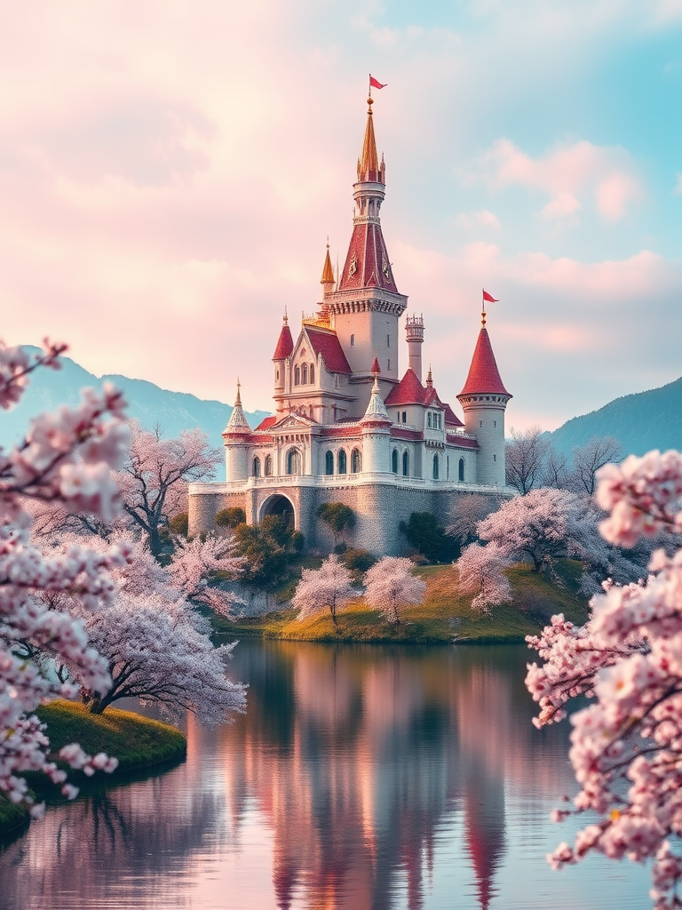 Generate a vibrant fantasy castle on an island surrounded by cherry blossom trees, soft pastel colors with a serene lake in the foreground, use a Canon EOS R5, 24mm lens, f/8 aperture, 1/250s shutter speed, ISO 100, and a wide-angle view for enhanced image quality.